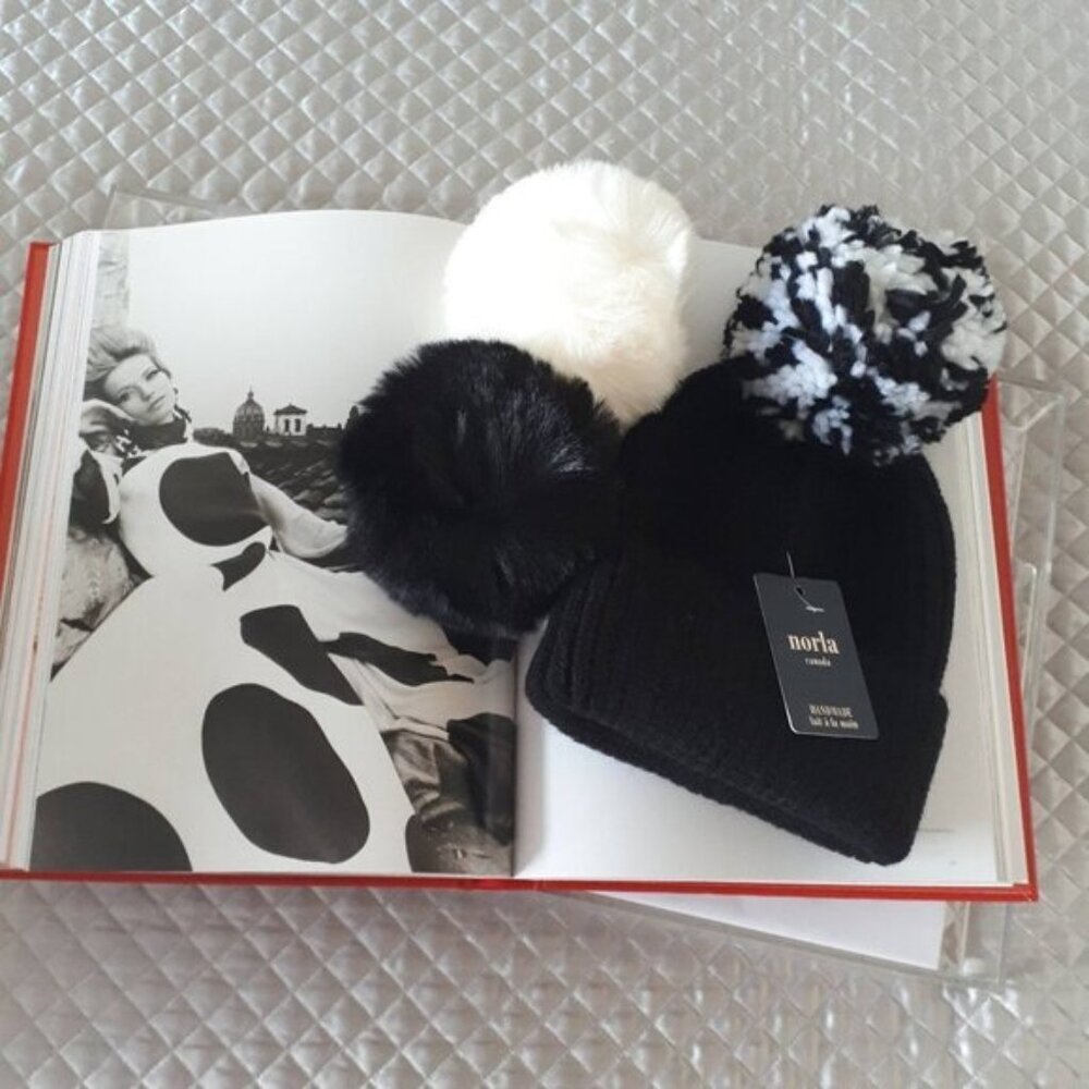 Norla black beanie hat toque 3 pom pom box set